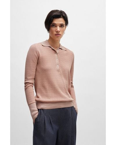 BOSS Cable-knit Collared Jumper In Silk And Cotton - Pink
