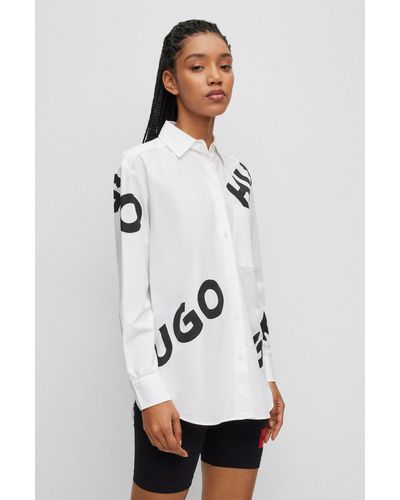 HUGO Organic-cotton Oversized-fit Blouse With Contrast Logos - White