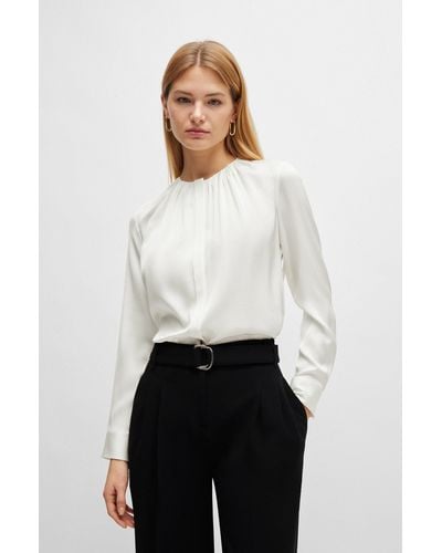 BOSS Ruched-neck Blouse In Stretch-silk Crepe De Chine - White