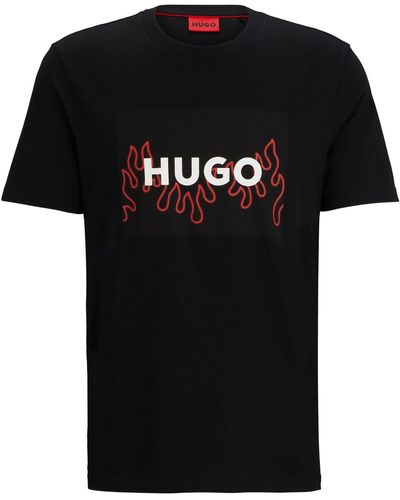 HUGO Cotton-jersey Regular-fit T-shirt With Flame Logo - Black