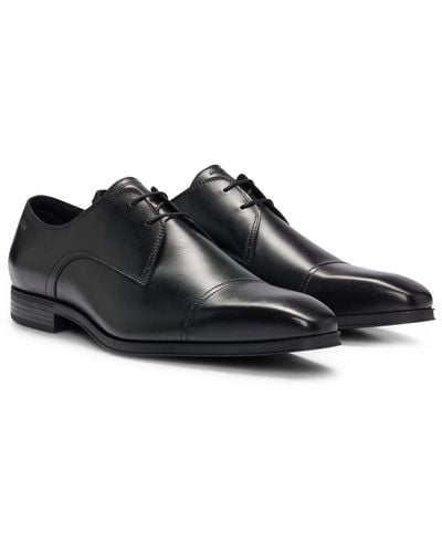 BOSS Leather Lace-up Derby Shoes With Emed Logo - Black