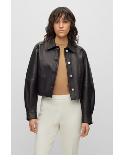 BOSS Cropped Button-up Leather Jacket Bonded With Denim - Black