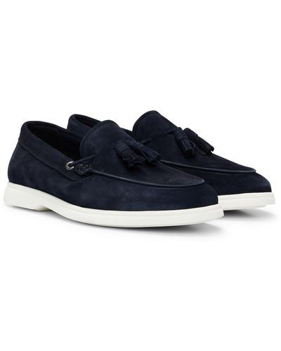 BOSS Suede Slip-on Loafers With Tassel Trim - Blue