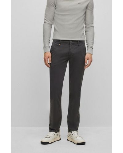 BOSS Slim-fit Trousers In Stretch-cotton Satin - Grey