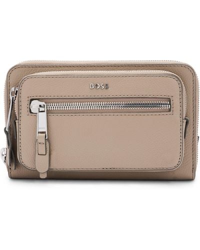 BOSS Crossbody Bag In Grained Leather With Logo Lettering - Natural