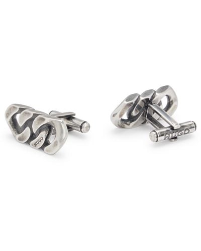 HUGO Chain-link Cufflinks In Steel With Logo Details - White