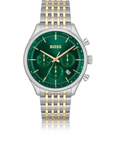 BOSS Montre chronographe à cadran vert et bracelet bicolore à maillons