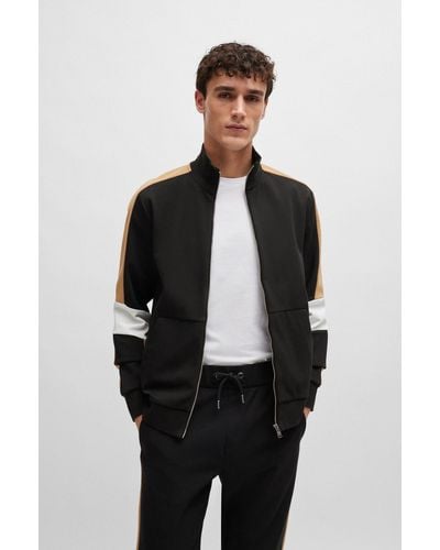 BOSS Cotton-blend Zip-up Sweatshirt With Colour-blocking - Black