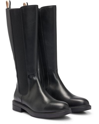 BOSS Leather Knee Boots With Low Heel And Branded Trim - Black