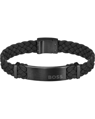 BOSS Bracelet tressé en cuir suédé noir avec plaquette logo