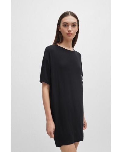 HUGO Relaxed-fit Night Dress With Logo Print - Black