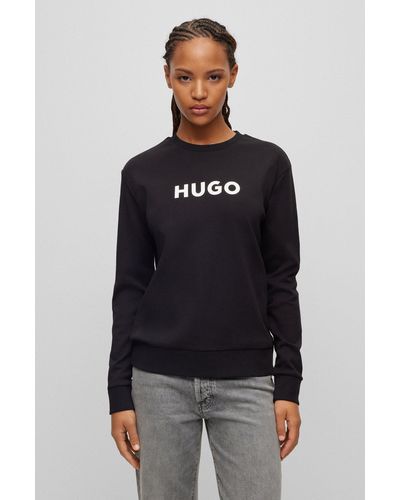 HUGO Contrast-logo Sweatshirt In Organic Interlock Cotton - Black