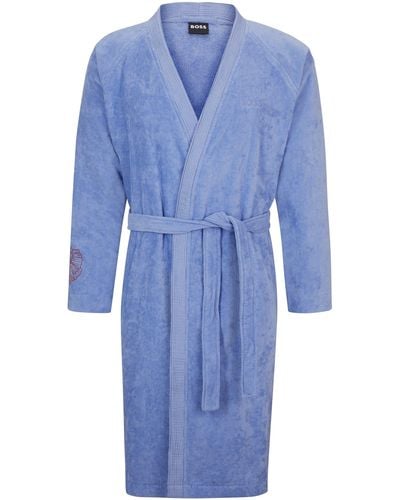 BOSS Cotton Dressing Gown With Embroidered Details - Blue