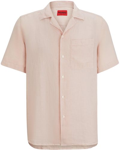 HUGO Kurzarmhemd Relaxed-Fit Hemd aus Leinen - Pink