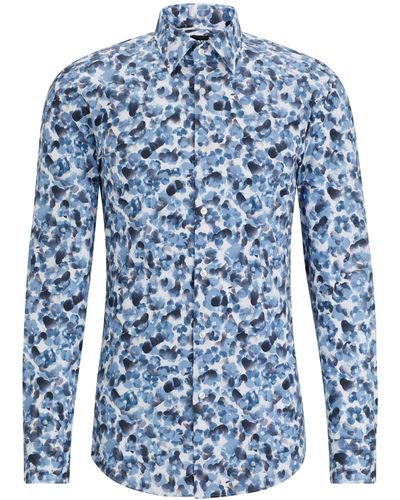 BOSS Slim-fit Overhemd Van Stretchkatoen Met Bloemenprint - Blauw