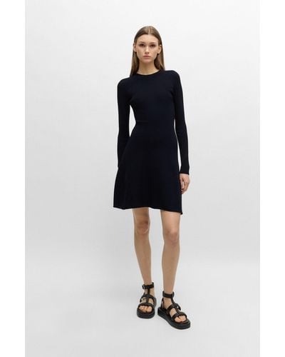 BOSS Slim-fit Long-sleeved Dress With Mixed Structures - Blue