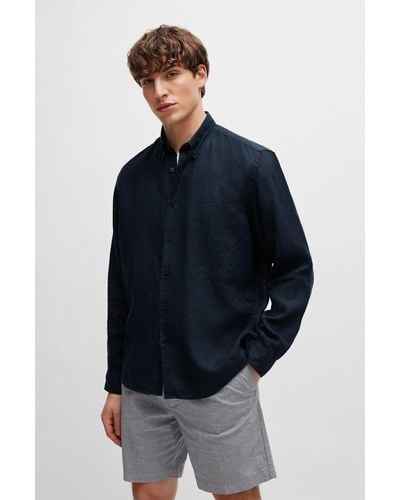 BOSS Regular-fit Linen Shirt With Button-down Collar - Blue