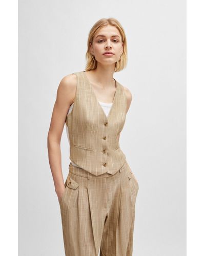 BOSS Pinstripe Waistcoat With Open Back - Natural