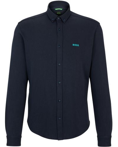 BOSS Regular-fit Overhemd Van Gebreide Katoenpiqué - Blauw