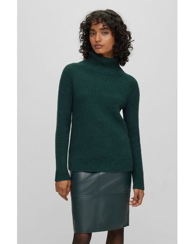 BOSS Ribbed Sweater With Funnel Neckline - Green