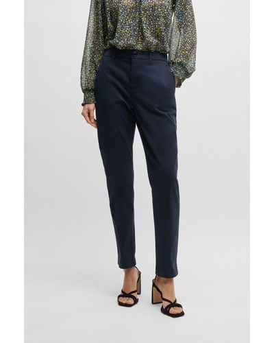 BOSS Regular-fit Trousers In Stretch-cotton Satin - Blue