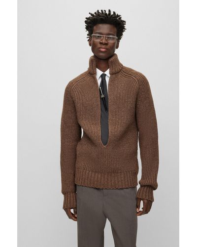 BOSS Relaxed-fit V-neck Sweater In A Wool And Silk Blend - Brown