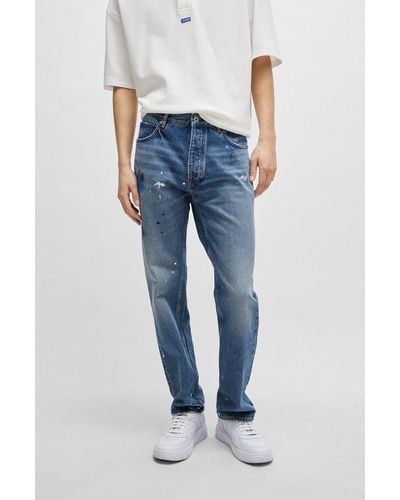HUGO Regular-fit Jeans In Mid-blue Paint-splashed Denim