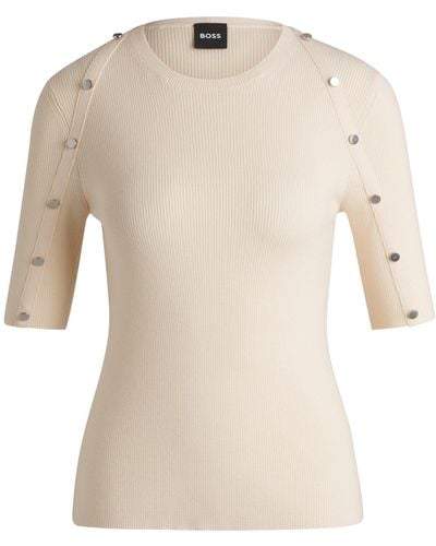 BOSS Short-sleeved Jumper In Stretch Fabric With Hardware Details - Natural