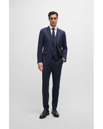 BOSS Three-piece Slim-fit Suit In Patterned Stretch Wool - Blue