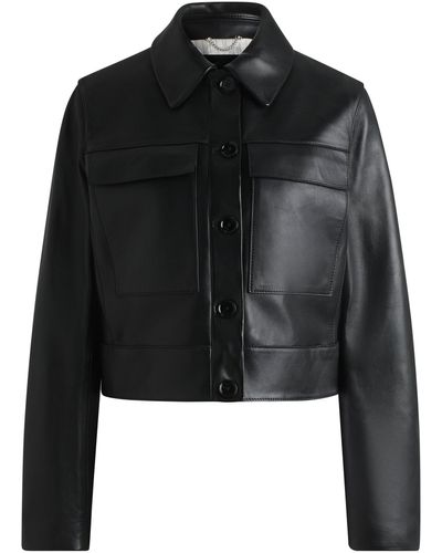 BOSS Leather Jacket With Contrast Cuffs And Buttoned Closure - Black
