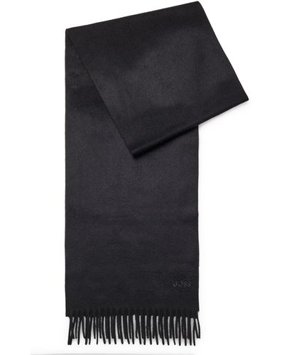 BOSS Fringed Scarf In Pure Italian Cashmere With Embroidered Logo - Black