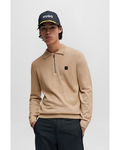 HUGO Zip-neck Polo Sweater With Stacked-logo Badge - Natural