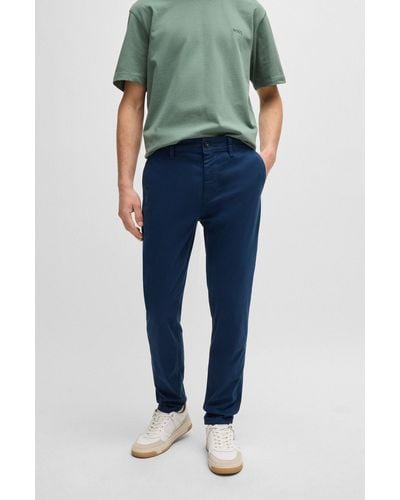 BOSS Tapered-fit Chinos In Stretch-cotton Satin - Blue
