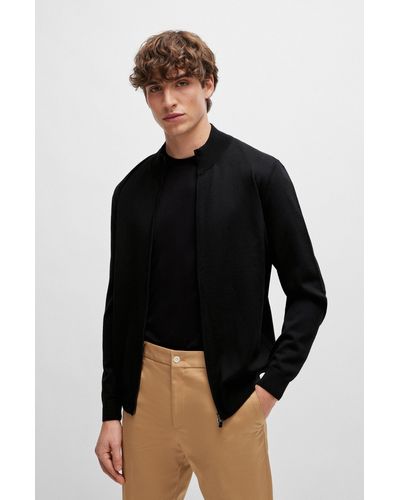 BOSS Cardigan Regular Fit zippé en laine vierge - Noir