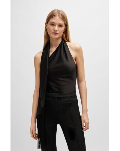 BOSS One-shoulder Blouse With Fringed Scarf Detail - Black