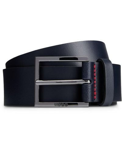 HUGO Leather Belt With Red Stitching And Branded Buckle - Blue