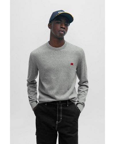 HUGO Knitted Cotton Sweater With Red Logo Label - Grey