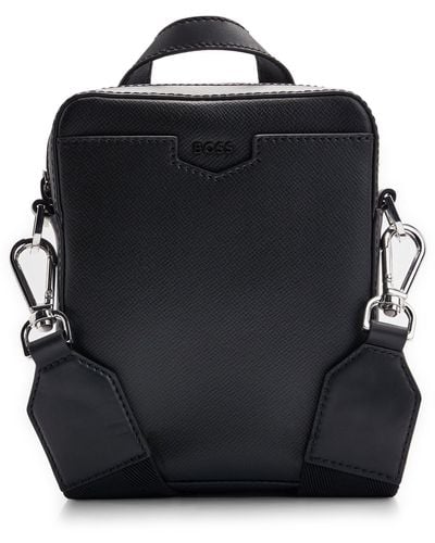 BOSS Structured Leather Crossbody Bag With Logo Lettering - Black