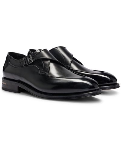 Homme Chaussures À Boucle En Cuir Imprimé Avec Détails Surpiqués Noir |  Chaussures Business HUGO BOSS