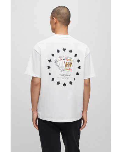 HUGO T-shirt en jersey de coton avec motif artistique cartes à jouer - Blanc
