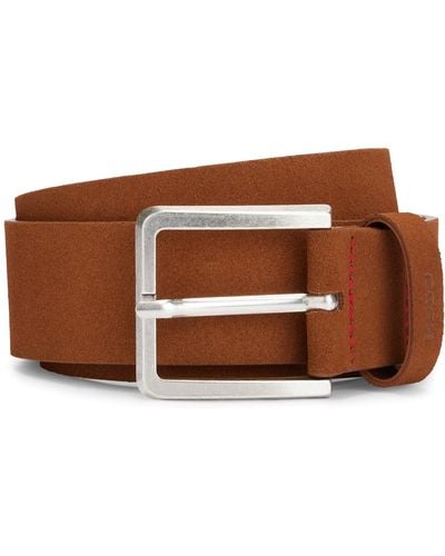 HUGO Suede Belt With Silver-tone Buckle - Brown