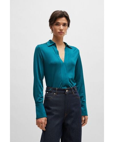 BOSS Ribbed Long-sleeved Blouse With Johnny Collar - Blue