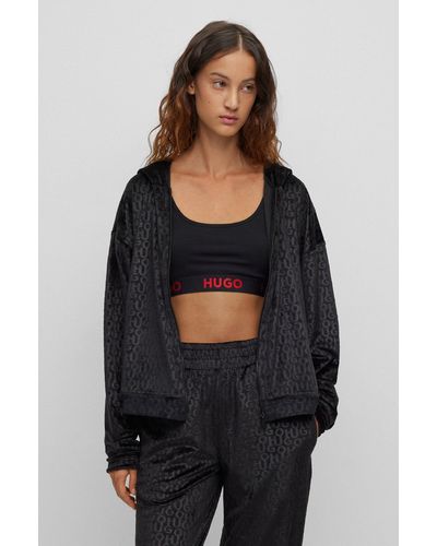 HUGO Relaxed-fit Zip-up Hoodie In Logo-print Velour - Black