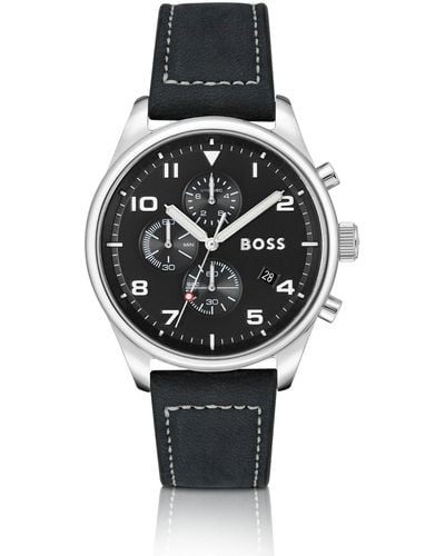 BOSS View Chronograph Leather Strap Watch - Black