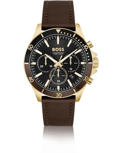 BOSS Montre chronographe à bracelet en cuir marron - Noir
