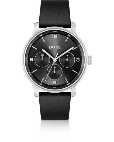 BOSS Leather-strap Watch With Black Dial