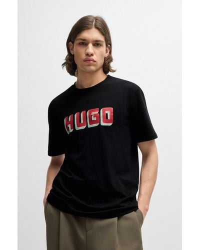 HUGO Cotton-jersey T-shirt With Logo Print - Black
