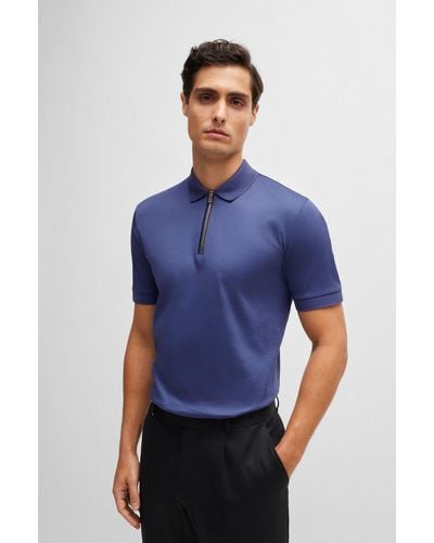 BOSS Mercerised-cotton Slim-fit Polo Shirt With Zip Placket - Blue