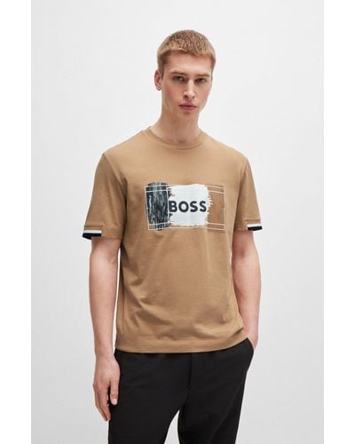 BOSS Cotton-jersey T-shirt With Signature Artwork - Natural