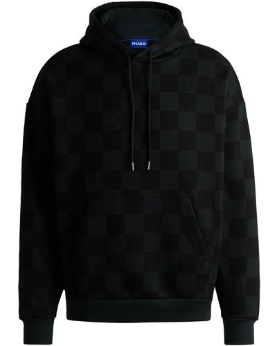 HUGO Loose-fit Hoodie In Cotton Terry With Checkerboard Print - Black